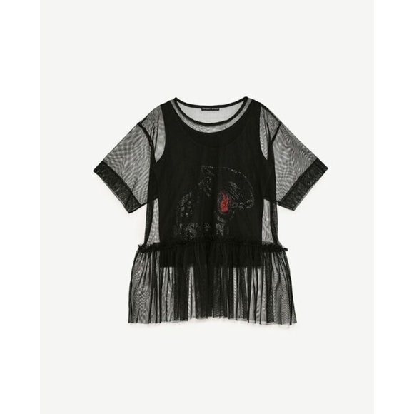 ZARA *Rare* Mesh Black Glitter Panther Sheer Tulle Top Size M Punk Rock Goth - Picture 2 of 4